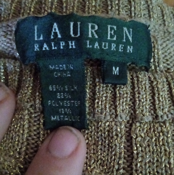Lauren Ralph Lauren Gold Metallic Cable Knit Silk Blend Sweater Size Medium - Picture 7 of 7